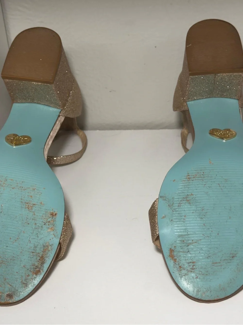 Betsey Johnson Rose Gold Glitter Block Heel Sandals